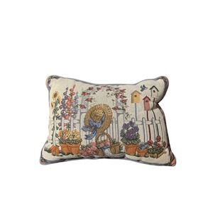 Vtg Garden Tapestry Throw Pillow Birdhouse Sun Hat Floral Accent Blue Cottage